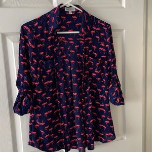 Express Navy Blue with Pink Flamingos 3/4 Sleeve Button Up T shirt Size S